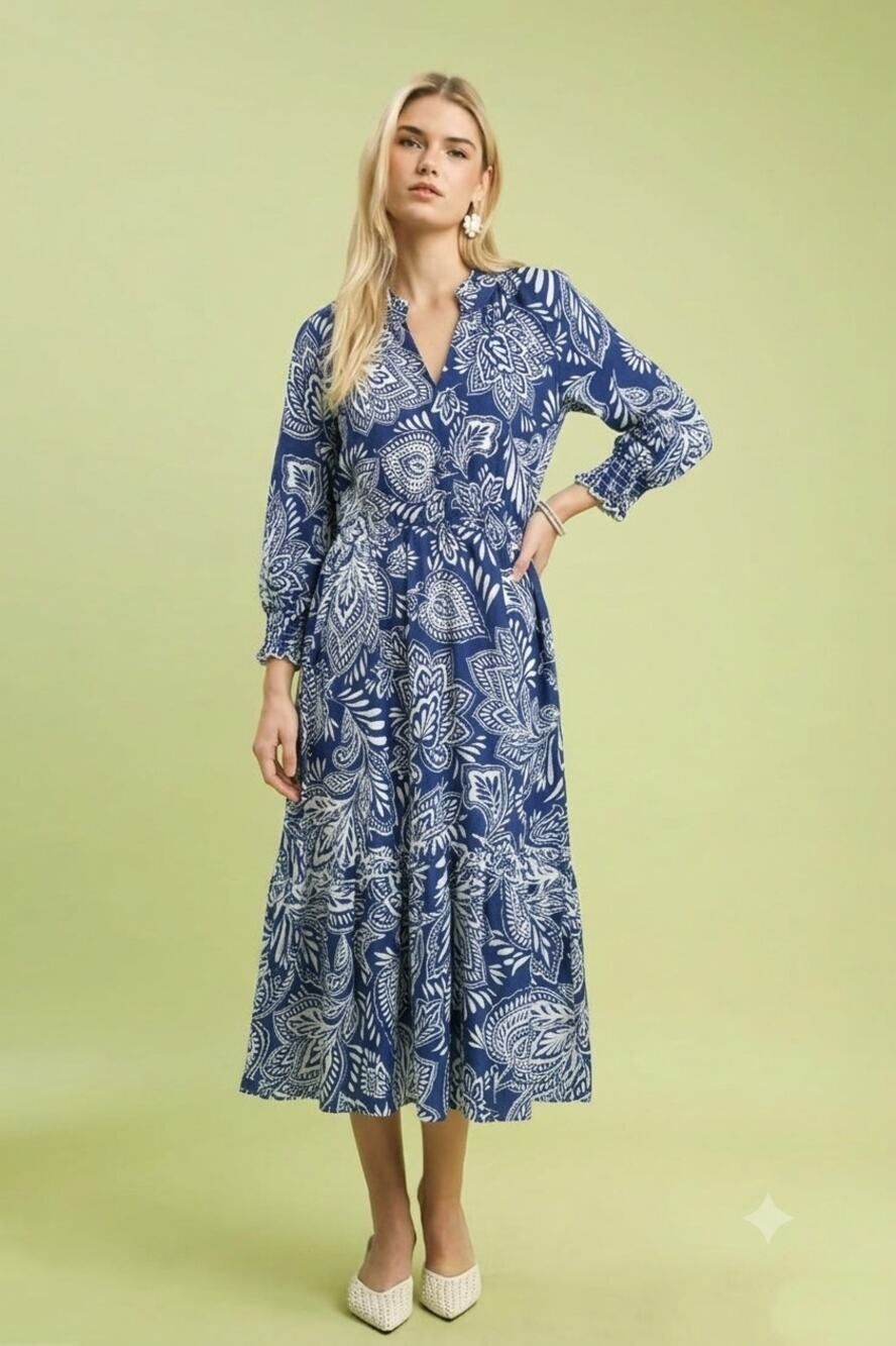NWT Mlle Gabrielle Blue White Paisley 100% Cotton Midi Dress Size S Boho Cottage